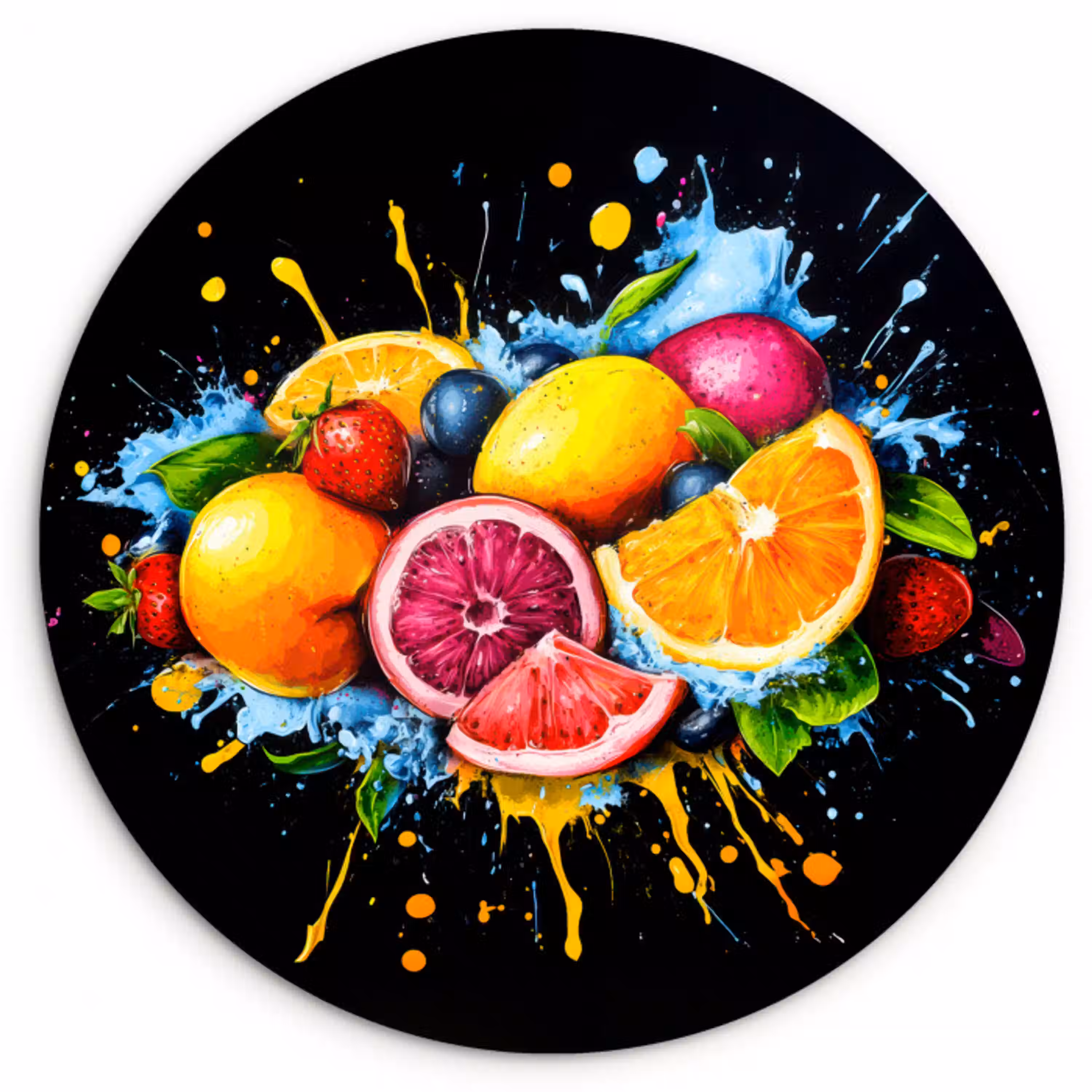 Fruit - Graffiti - Kleurrijk - Sinaasappel - Aardbei - Abstract Wandcirkel plexiglas klein -3d