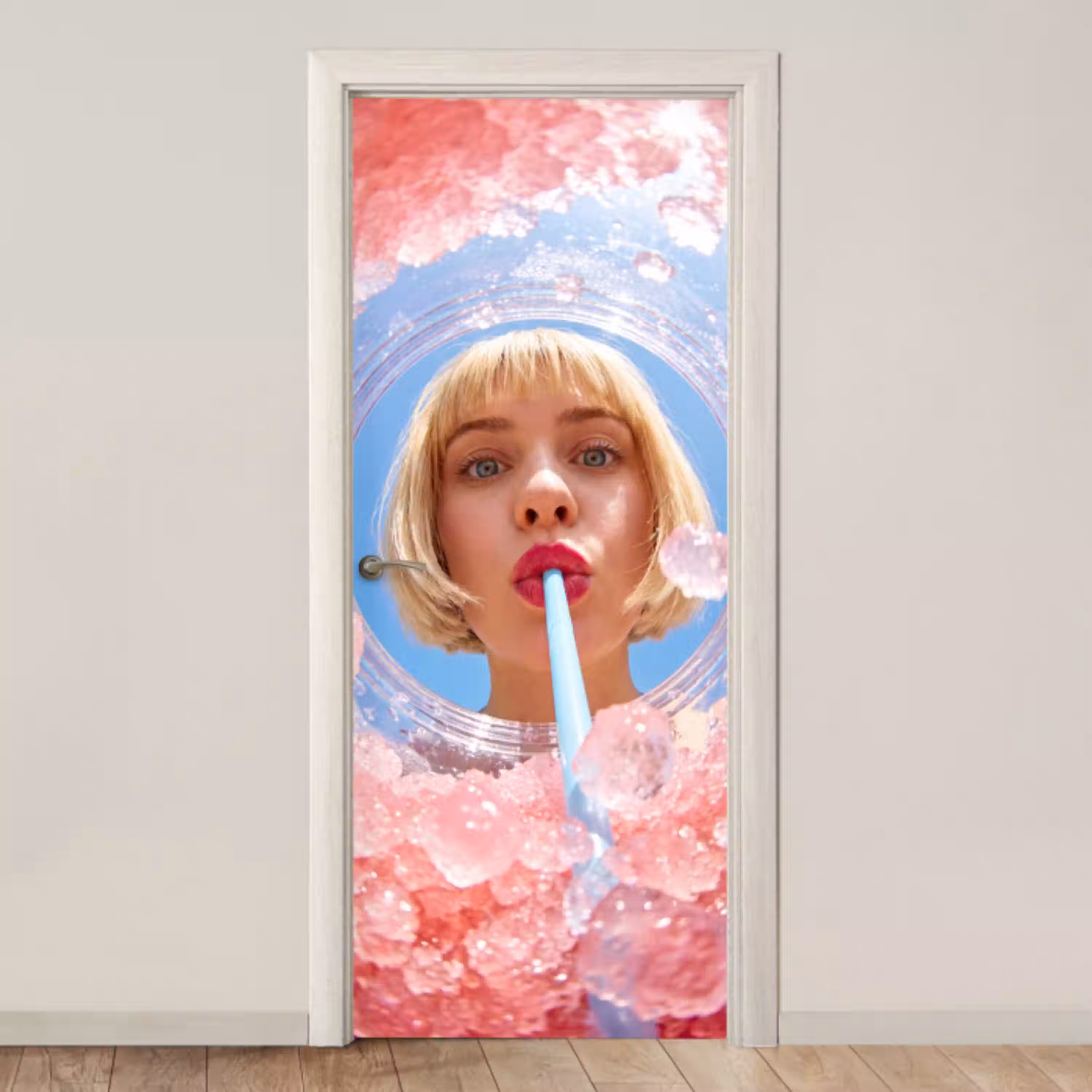 Vrouw - Drank - Zomer - Roze - Blauw deurposter klein -3d_beige