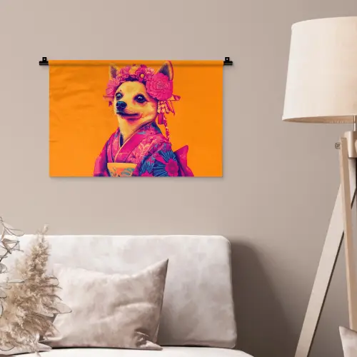 Kimono - Hondje - Bloemenkroon - Oranje Wandkleed katoen klein -sfeer4