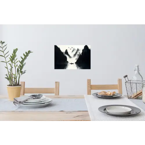 Roeiboot - Mistig - Bergen - Vogels Muursticker klein -eettafel