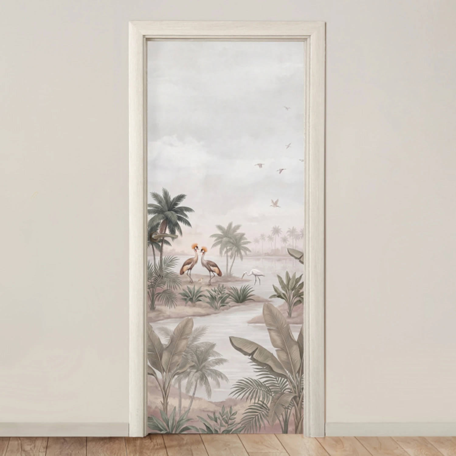 Kraanvogels - Palmbomen - Tropisch deurposter klein -3d_beige
