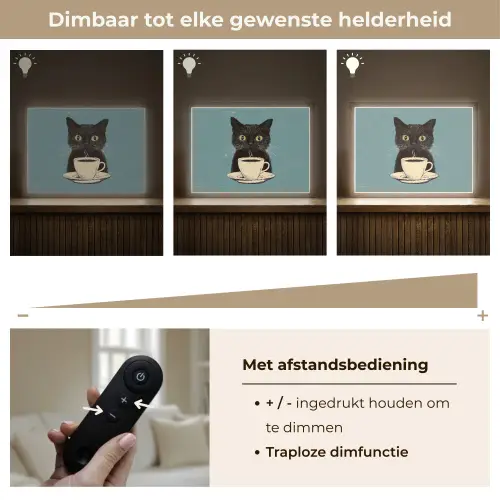 Kat - Zwart - Koffie - Minimalistisch Light Box met batterij (Wandlamp) middel -USP_dimbaarNL