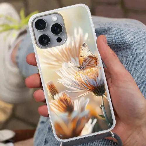 Vlinder - Bloem - Oranje Hoesje iPhone 16 Pro Max met koord klein -sfeer3