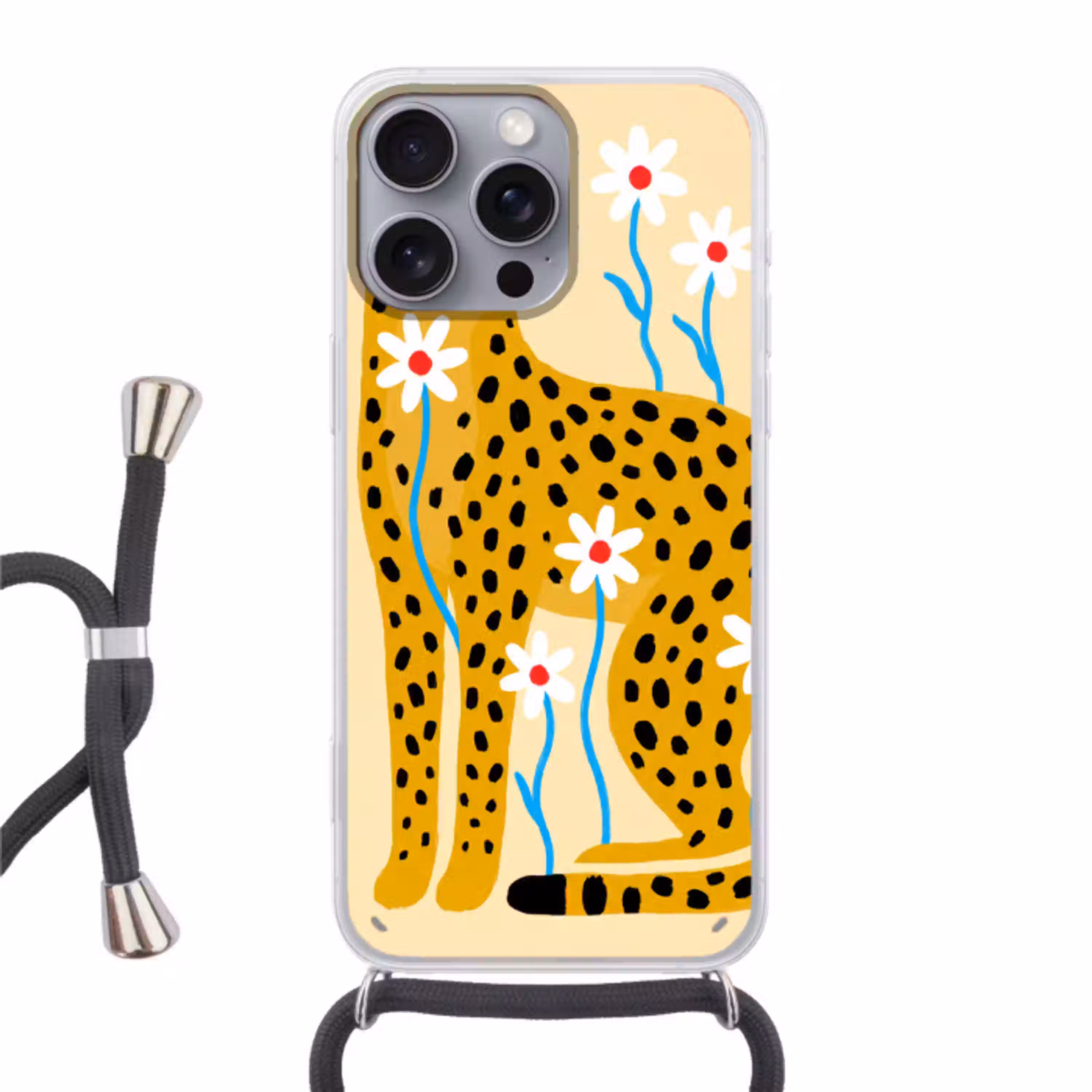 Dieren - Jachtluipaard - Bloemen - Modern - Geel Hoesje iPhone 16 Pro Max met koord klein -3d