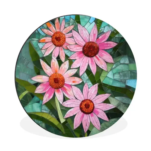 Bloemen - Roze - Glasmozaïek Wandcirkel aluminium klein -3d