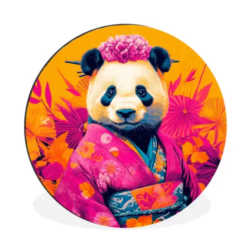 Kimono - Roze - Panda - Bloemenkroon Wandcirkel aluminium klein -3d