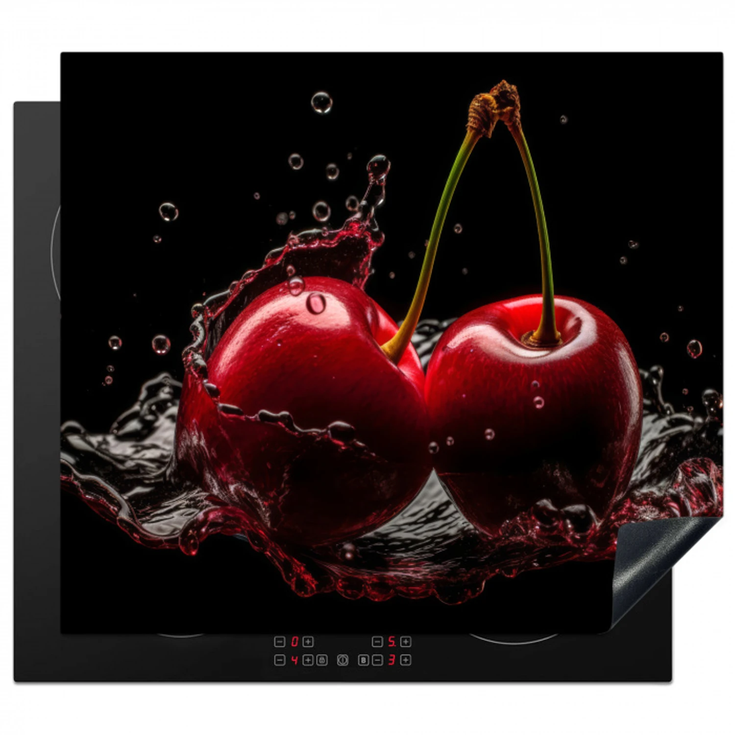 Kersen - Rood - Fruit - Water - Zwart Inductie beschermer vinyl 3mm middel -3d