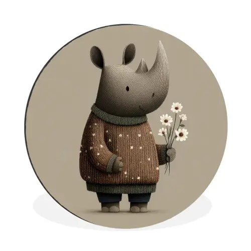 Neushoorn - Witte bloemen - Lief Wandcirkel aluminium klein -3d