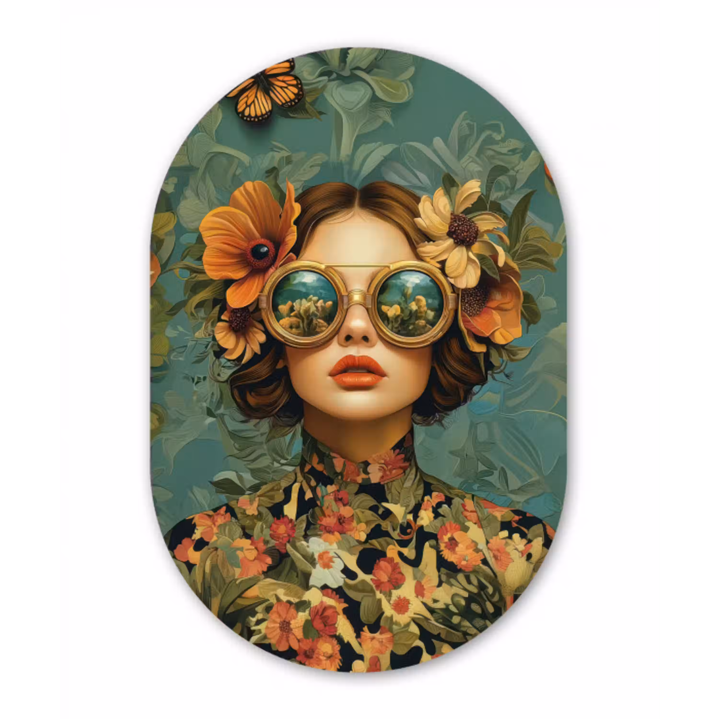 Vrouw - Bloemen - Vlinders - Natuur - Vintage Wandcirkel Ovaal Aluminium middel -3d