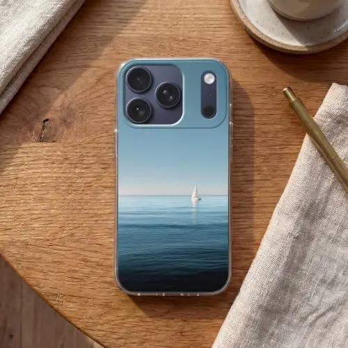 Zeilbootje - Kalme zee - Helderblauwe hemel Telefoonhoesje iPhone 17 Pro klein -sfeer1