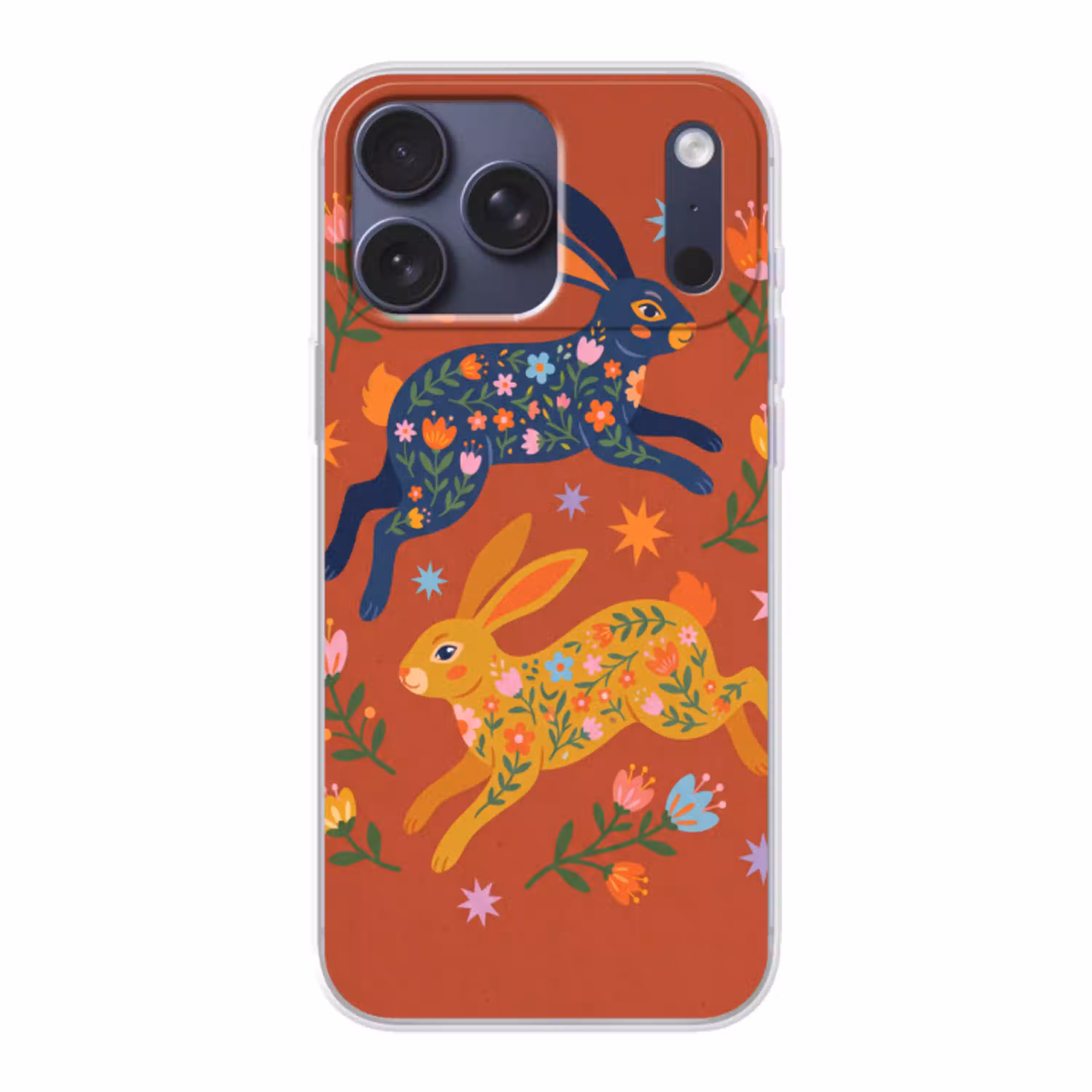 Konijn - Bloemen - Folk Art - Kleurrijk - Dieren Telefoonhoesje iPhone 17 Pro Max klein -3d