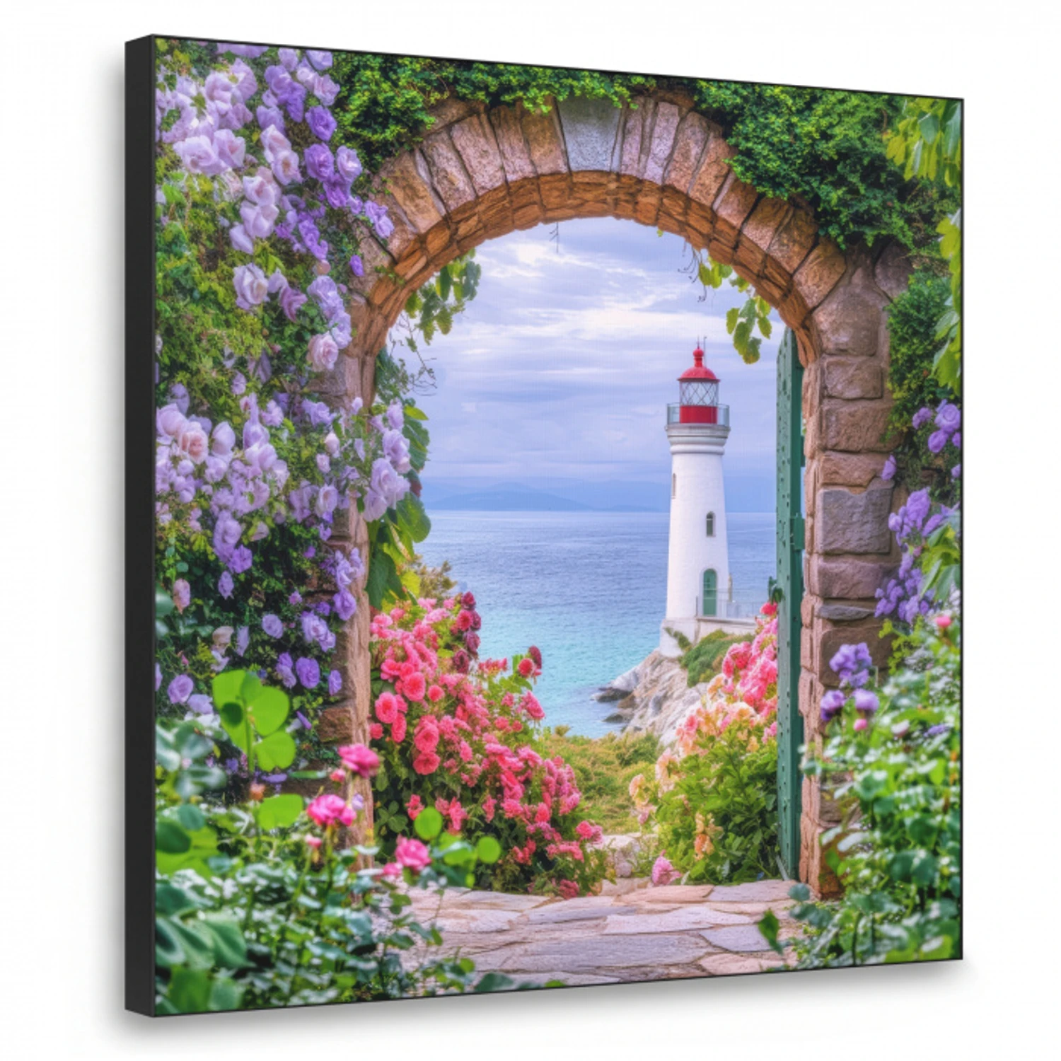 Doorkijk - Vuurtoren - Bloemen - Uitzicht Textielframe zwart klein -3d