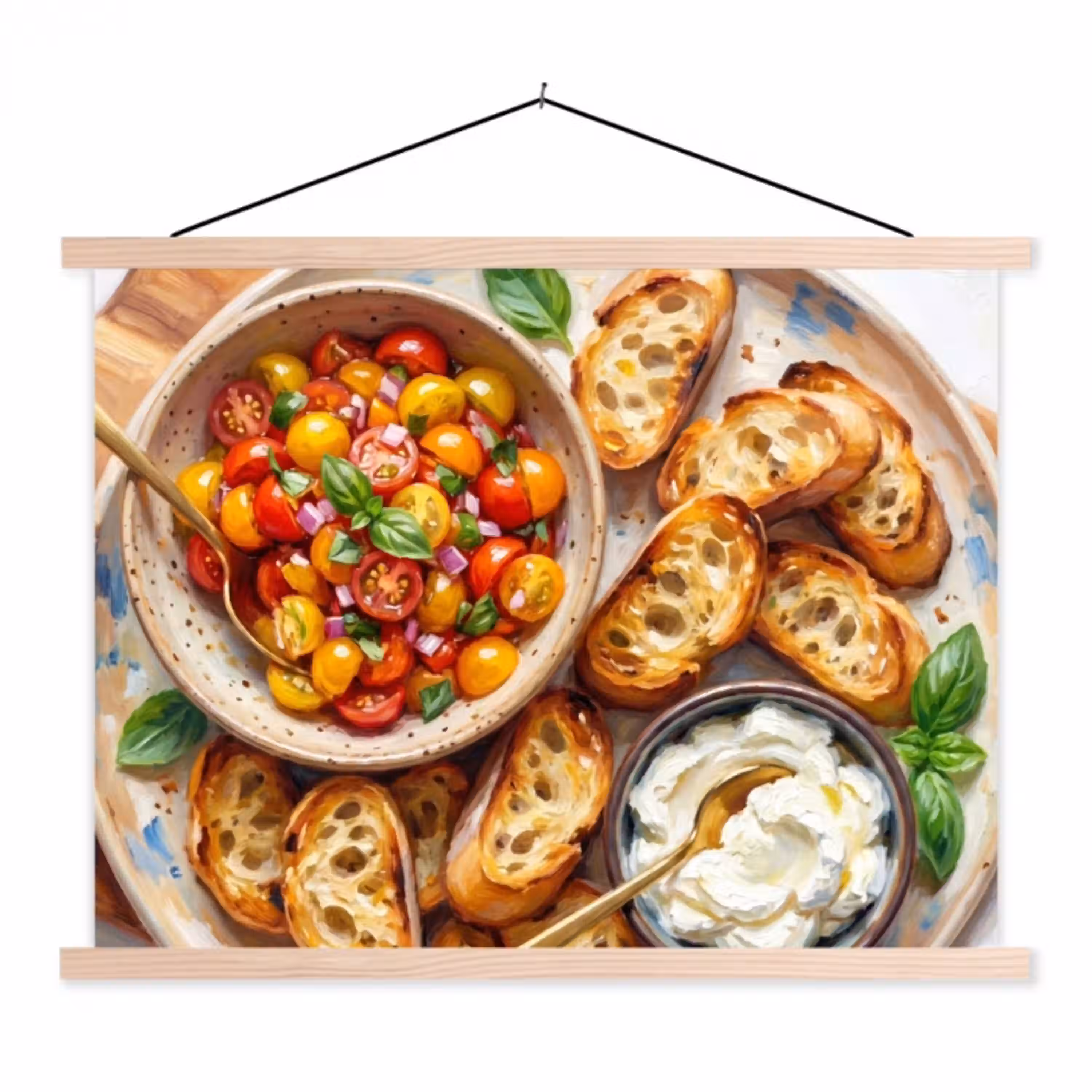 Eten - Tomaat - Brood - Kleurrijk - Keuken textielposter latten blank klein -3d