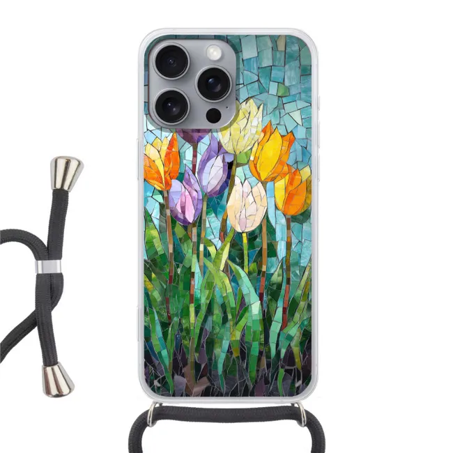 Telefoonhoesje met koord - Mozaïek - Veld - Tulpen - Kleurrijk