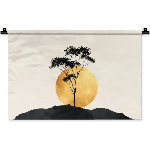 Zwarte boom - Gouden cirkel - Heuvel Wandkleed katoen klein -zz3d