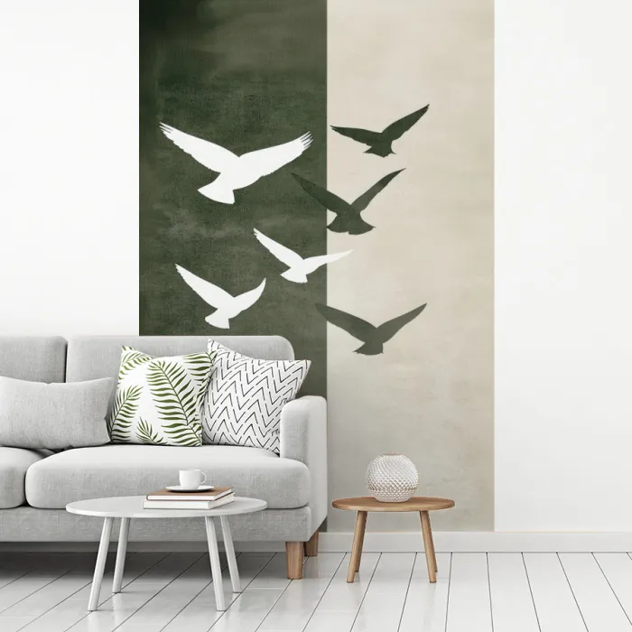 Japandi - Vogel - Groen fotobehang vinyl groot -woonkamer