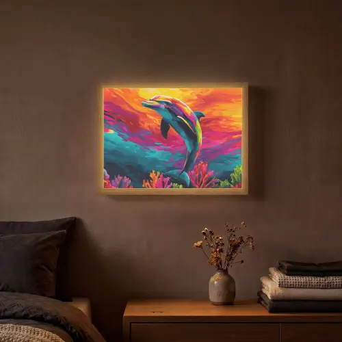 Dolfijn - Kleurrijk - Oceaan - Koraal Light Box met batterij (Wandlamp) middel -sfeer4