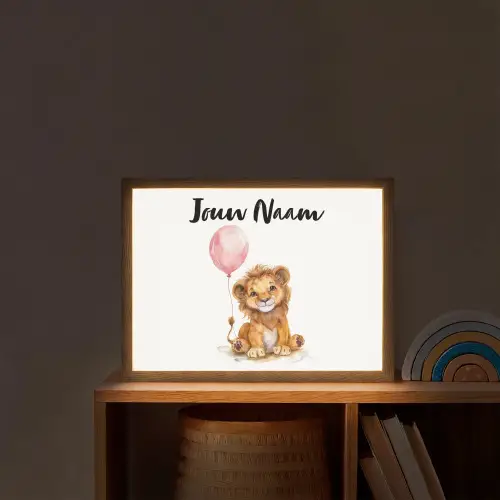 Leeuw - Baby dier - Dieren - Roze ballon Light Box met batterij (Wandlamp kind) middel -sfeer1_kind