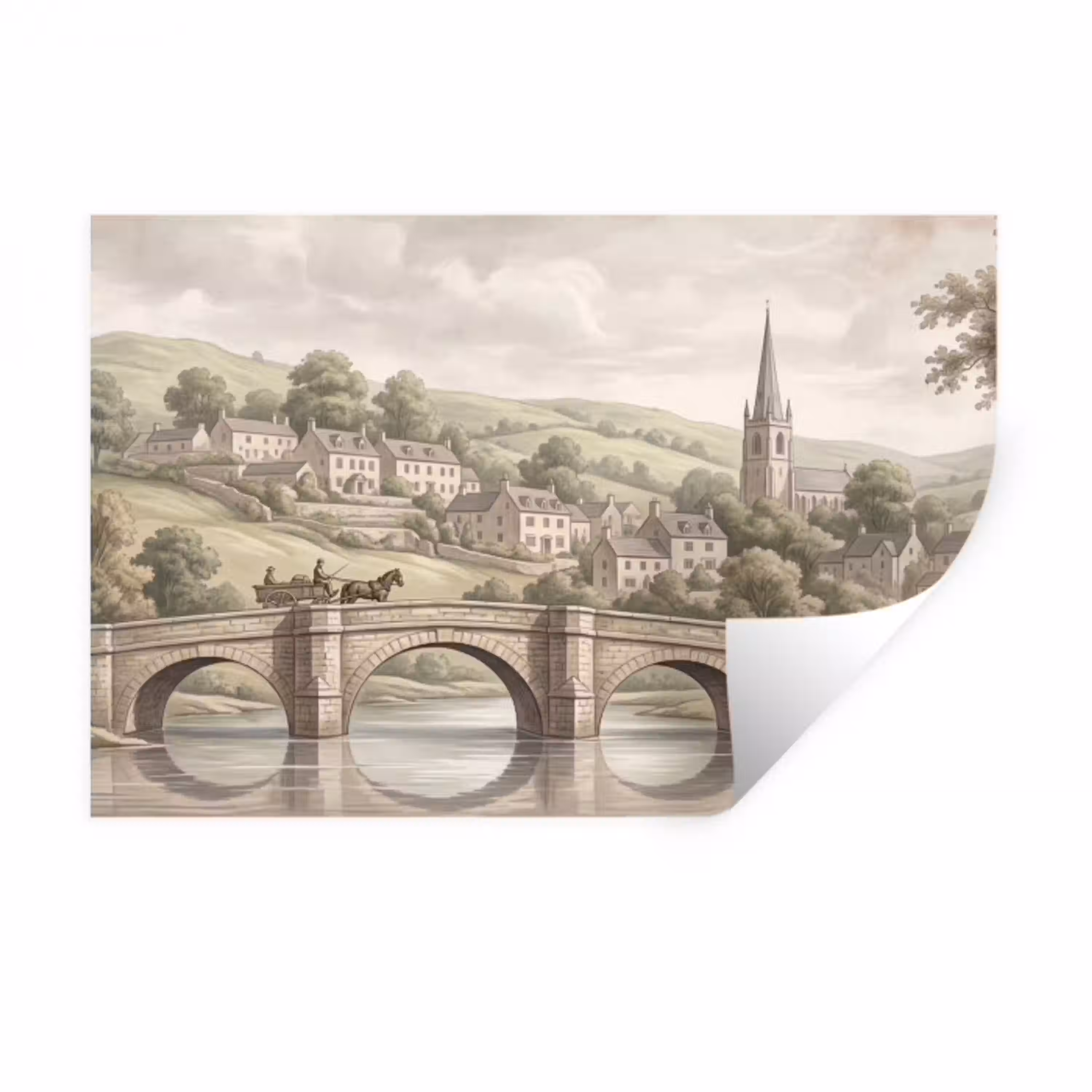 Dorp - Brug - Uitzicht - Groen Muursticker klein -3d