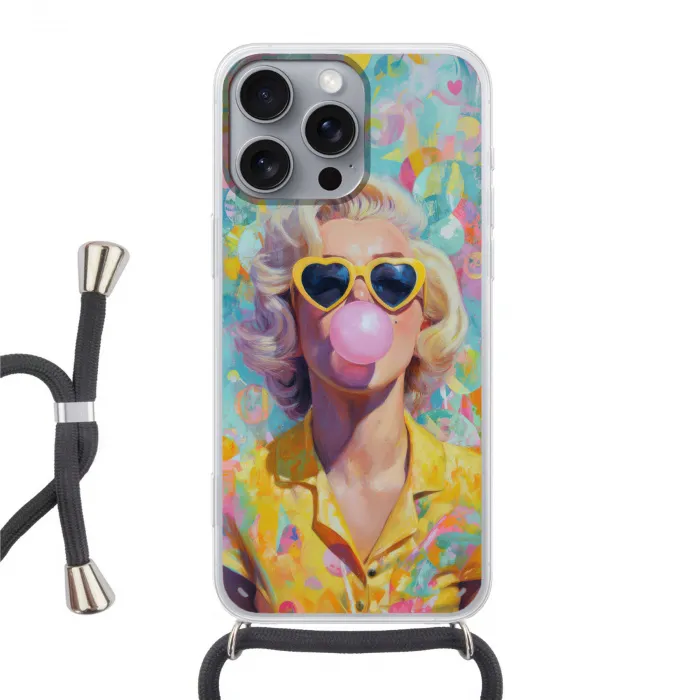 Vrouw - Blond - Roze kauwgom - Kleurrijk - Pastel Hoesje iPhone 16 Pro Max met koord klein -3d