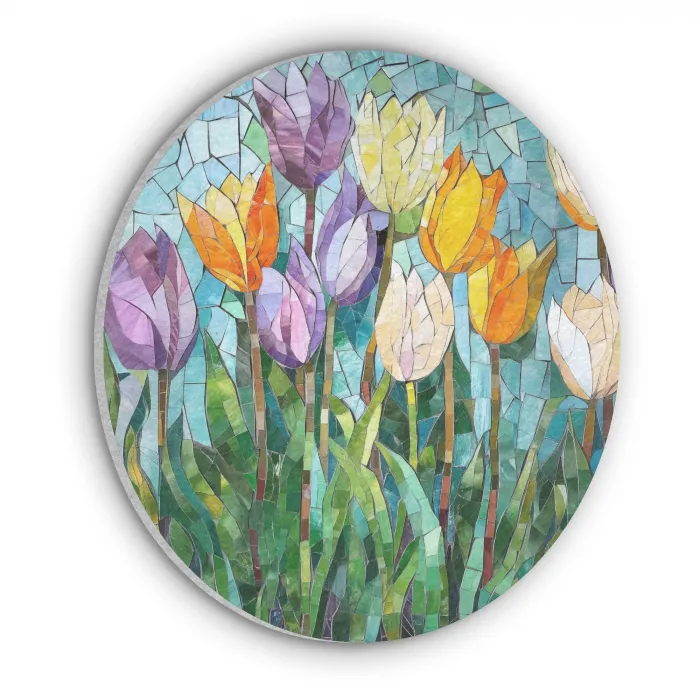 Mozaïek - Veld - Tulpen - Kleurrijk Akoestische PET Vilt - Rond klein -3d
