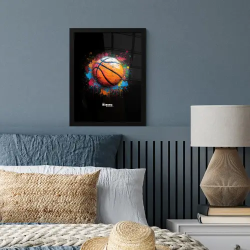 Oranje basketbal te midden van verfspetters fotolijst zwart zonder passe partout klein -sfeer3