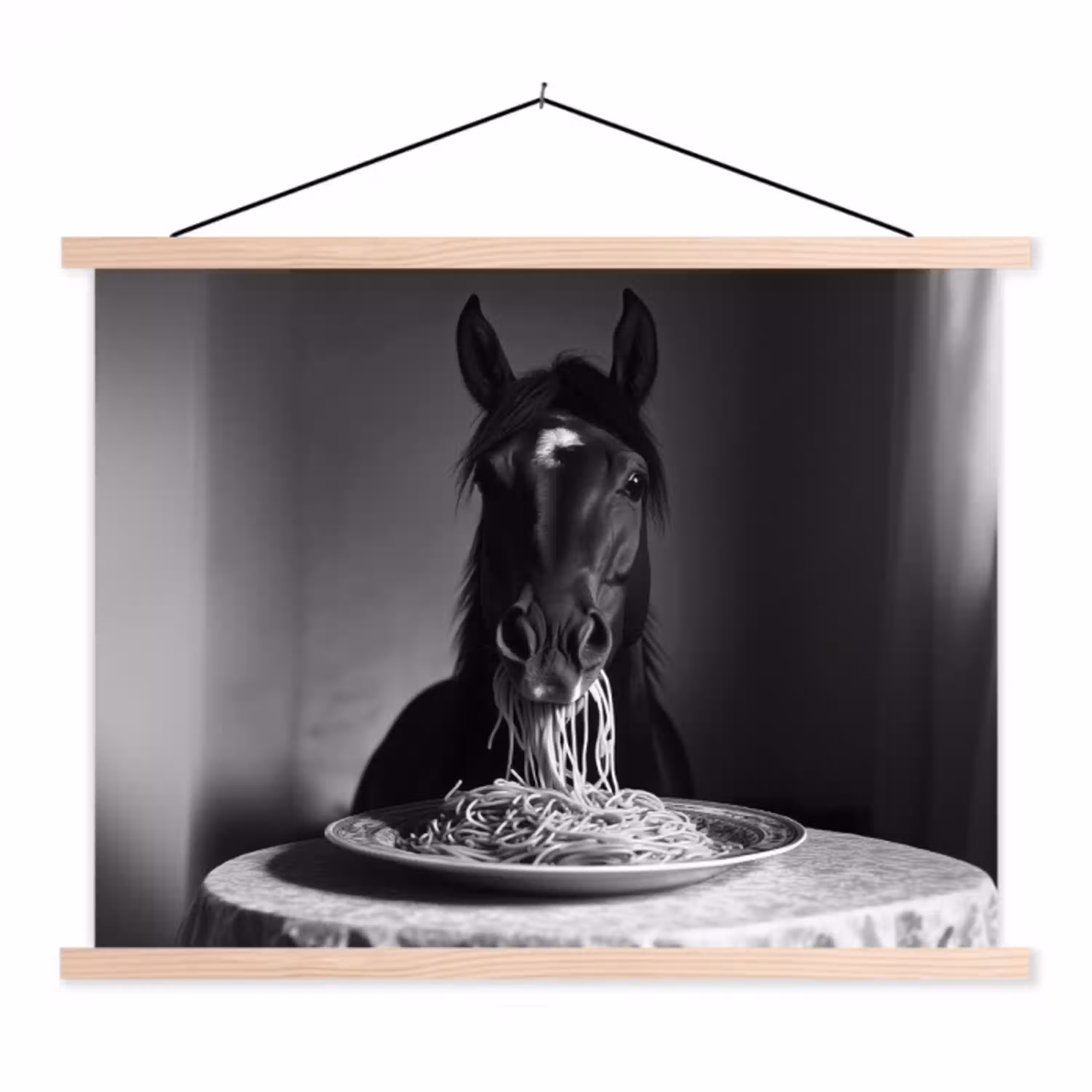 Paard - Bord - Pasta - Tafelkleed - Zwart Wit - Dieren textielposter latten blank klein -3d
