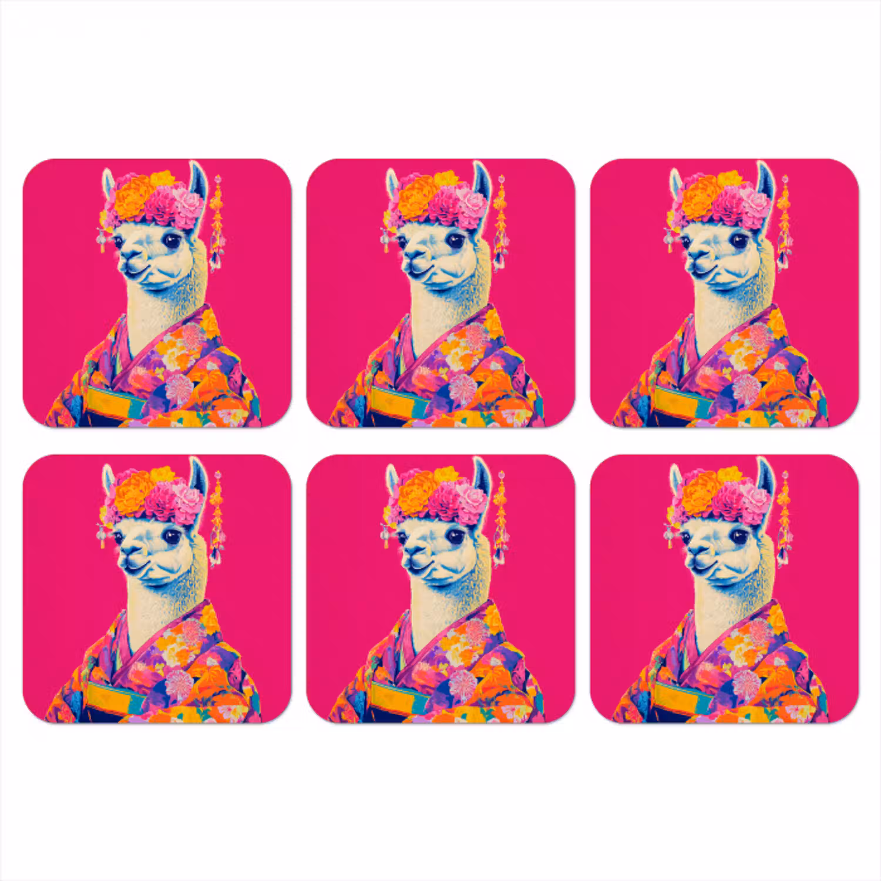 Lama - Kimono - Bloemenkrans - Felroze onderzetter kurk middel -3d
