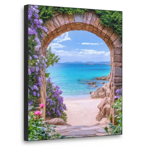 Doorkijk - Poort - Zee - Strand - Rotsen Textielframe zwart klein -3d