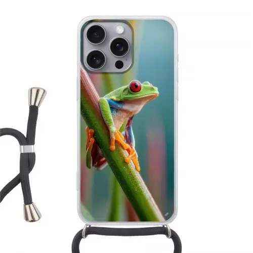 Kleurrijke kikker - Groene stengel - Alert Hoesje iPhone 16 Pro Max met koord klein -3d
