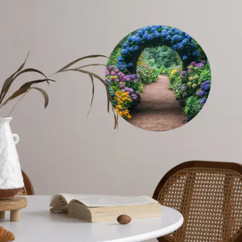 Doorkijk - Bloemen - Hortensia - Pad Wandcirkel behangsticker klein -sfeer3