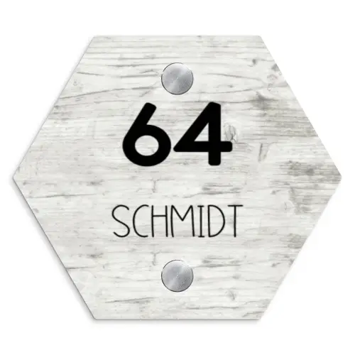 Witgrijs hout - Modern Naambord Hexagon klein -3d