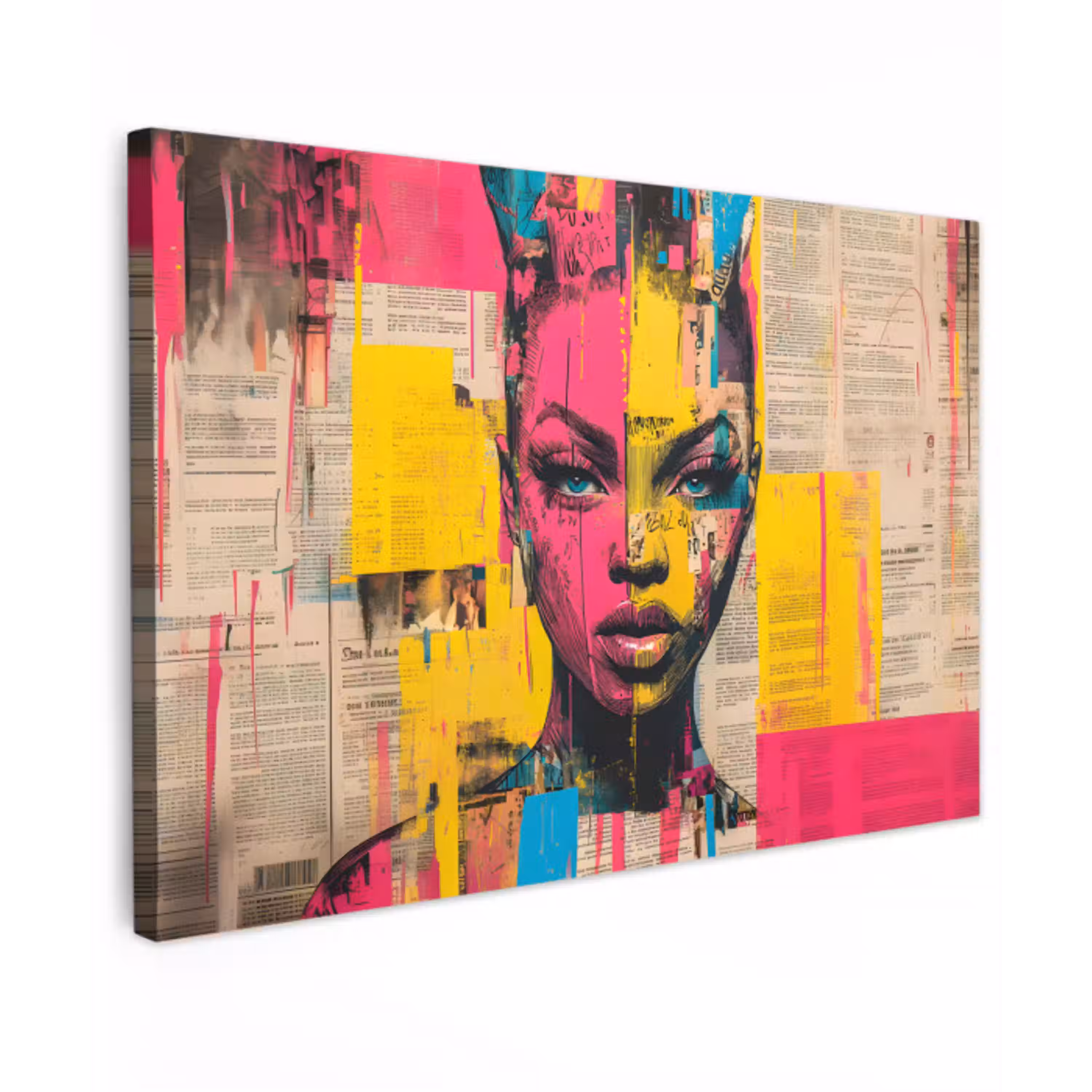 Vrouwengezicht - Krantenpapier - Abstract - Roze canvas 2cm klein -z3d