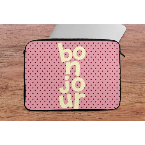 Bonjour - Stippen - Roze- Geel laptophoes neopreen klein -tafel