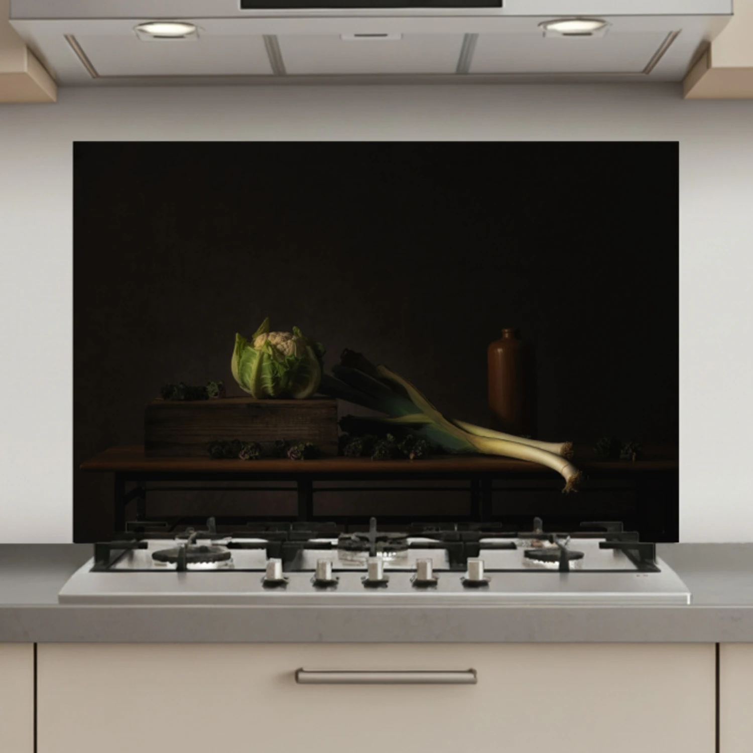 Stilleven - Tafel - Schilderij - Groenten - Prei - Bloemkool - Kunst keuken achterwand spatscherm klein -3d_website