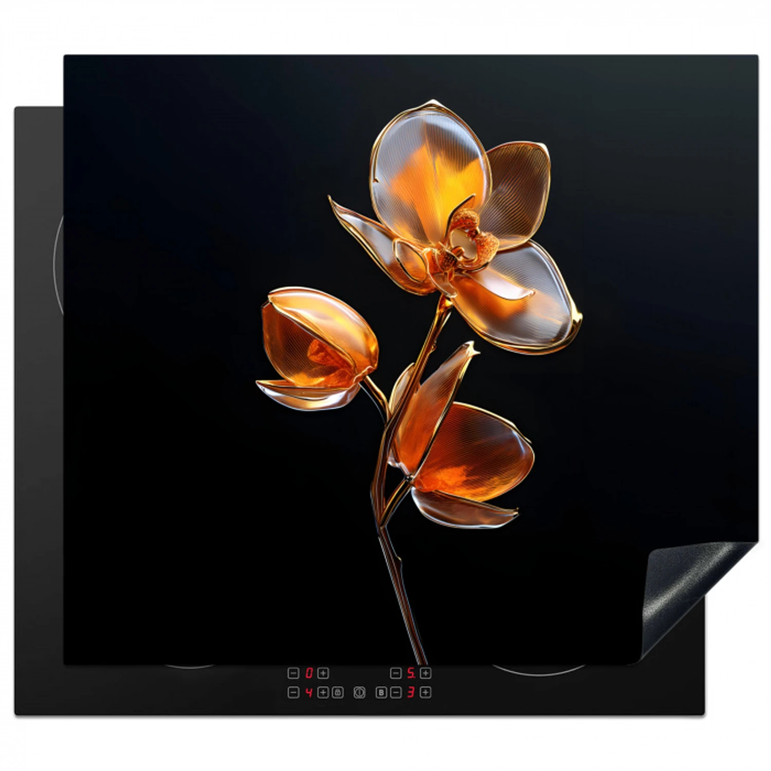 Bloem - Orchidee - Oranje Inductie beschermer vinyl 3mm middel -3d