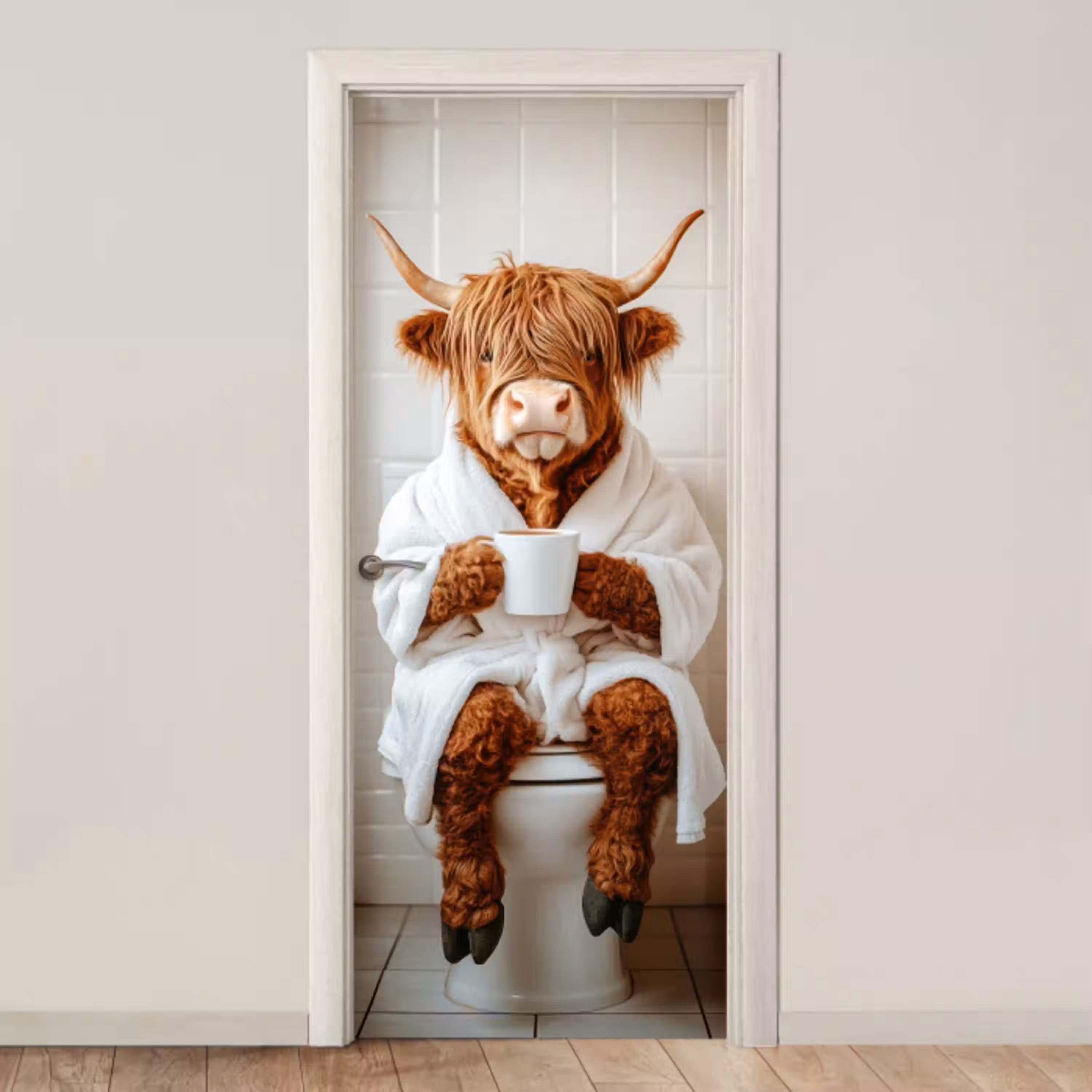 Schotse Hooglander - WC - Badjas - Modern - Dieren deurposter klein -3d_beige