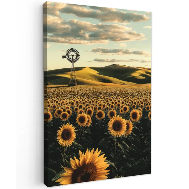 Zonnebloem - Veld - Windmolen Tuinposter op houten frame 2 cm dik klein -3d