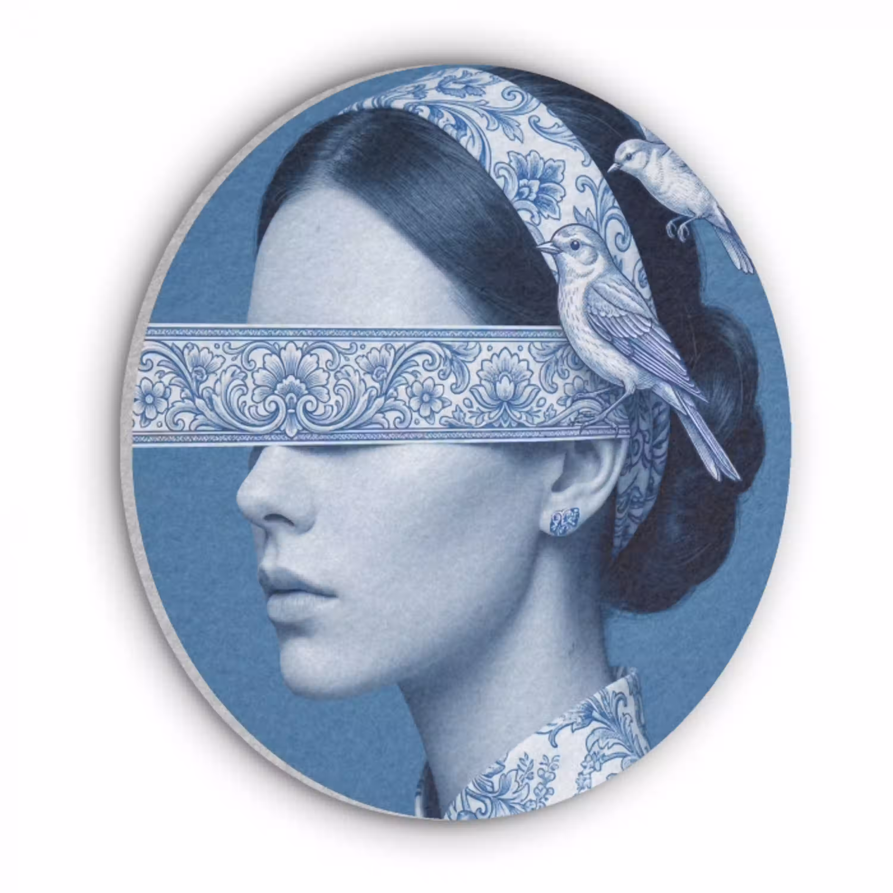 Portret - Klassiek - Wit - Blauw Akoestische PET Vilt - Rond klein -3d