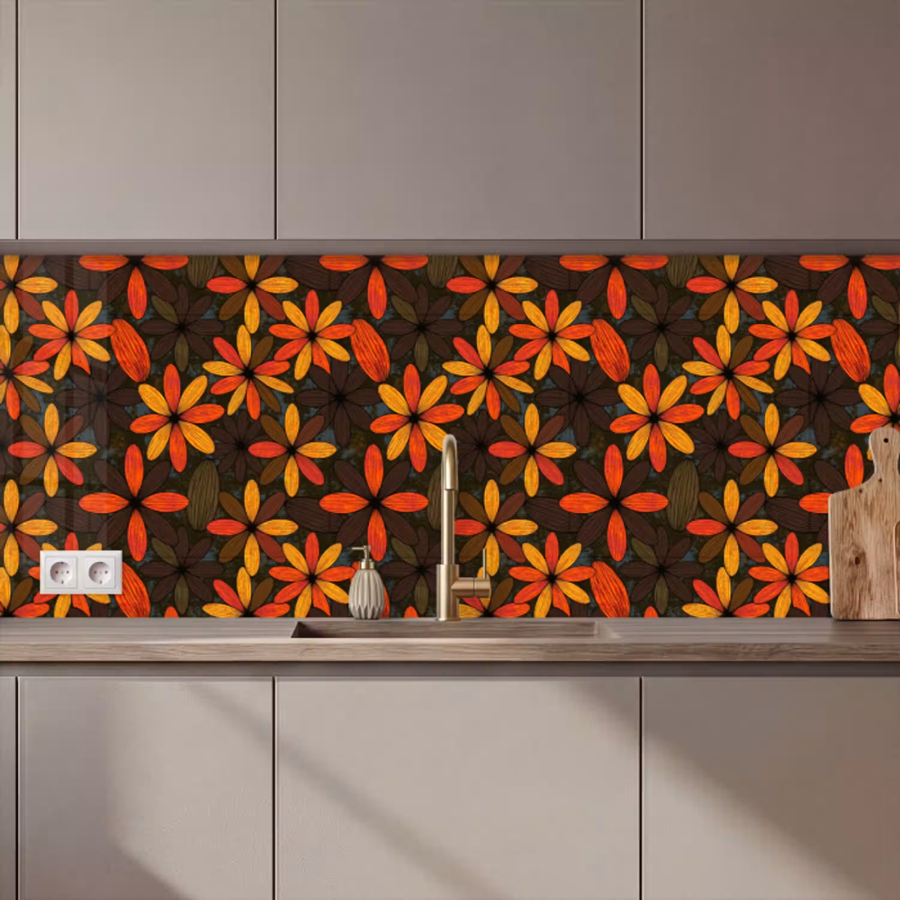 Oranje - Retro - Bloemen - Herfst keuken achterwand 2 middel 871 zz_3dshopping