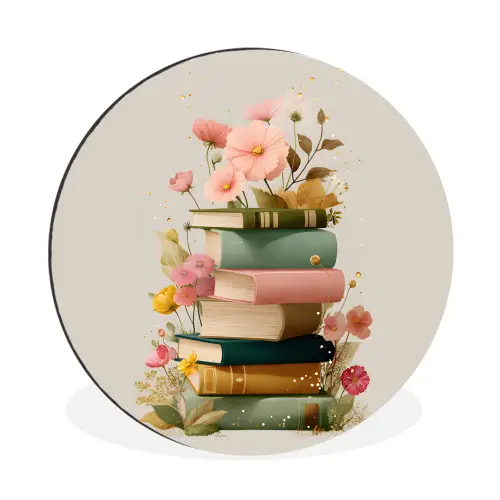 Boeken - Stapel - Bloemen - Kleurrijk Wandcirkel aluminium klein -3d