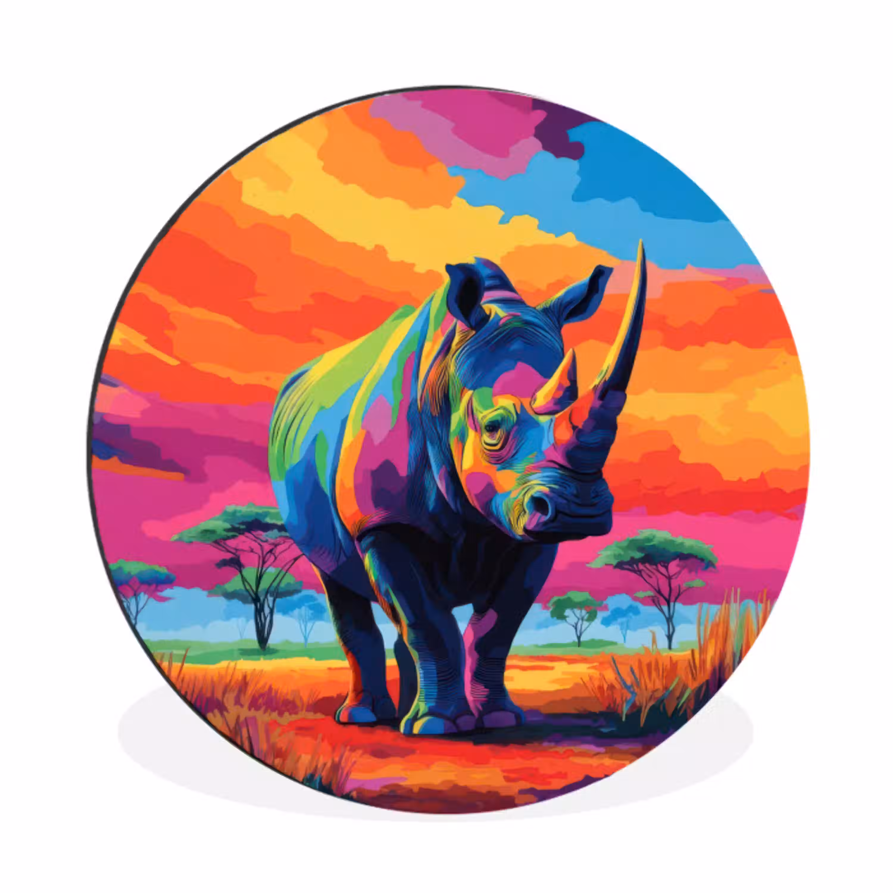 Neushoorn - Zonsondergang - Savanna - Kleurrijk Wandcirkel aluminium klein -3d