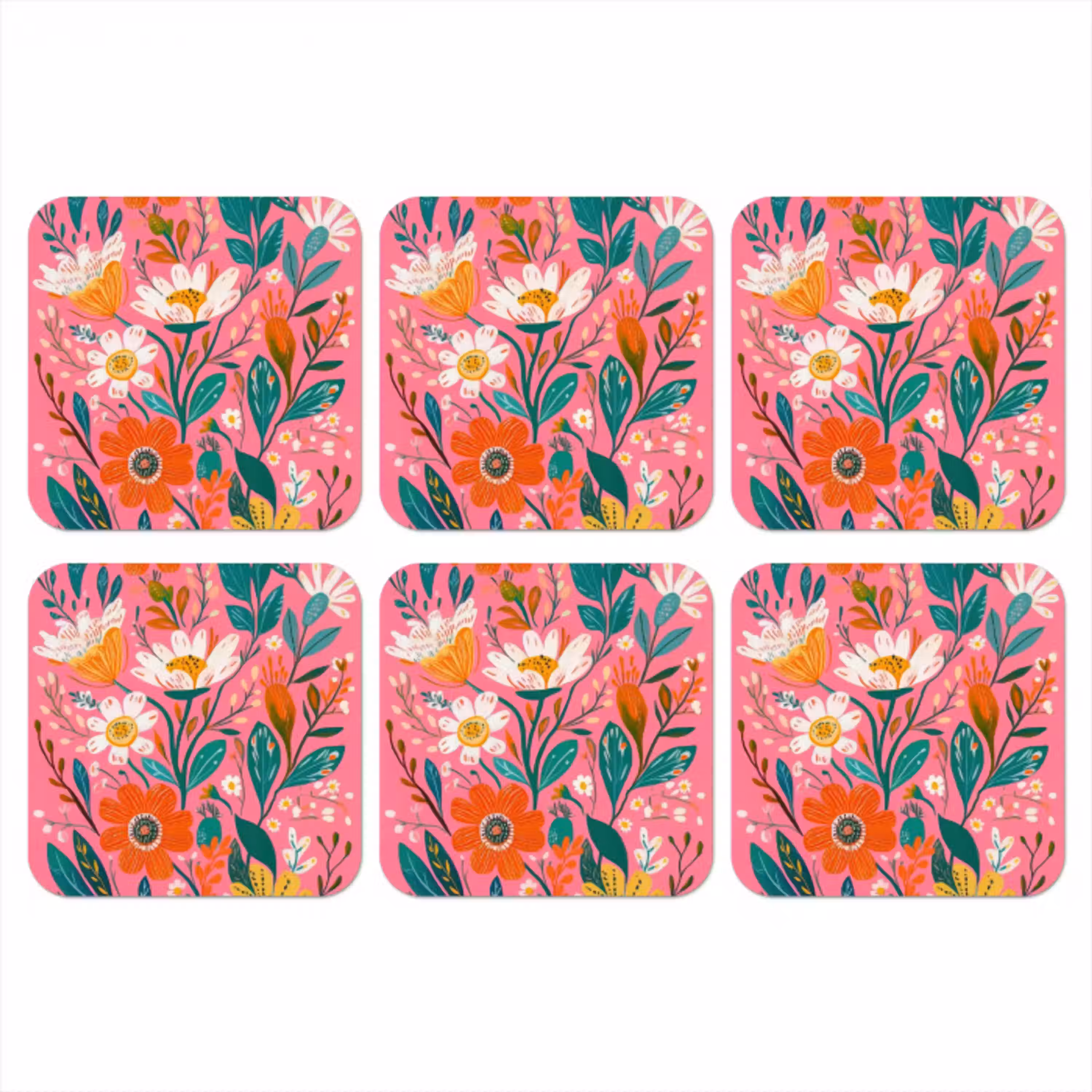 Roze - Bloemen - Wit - Oranje onderzetter kurk middel -3d