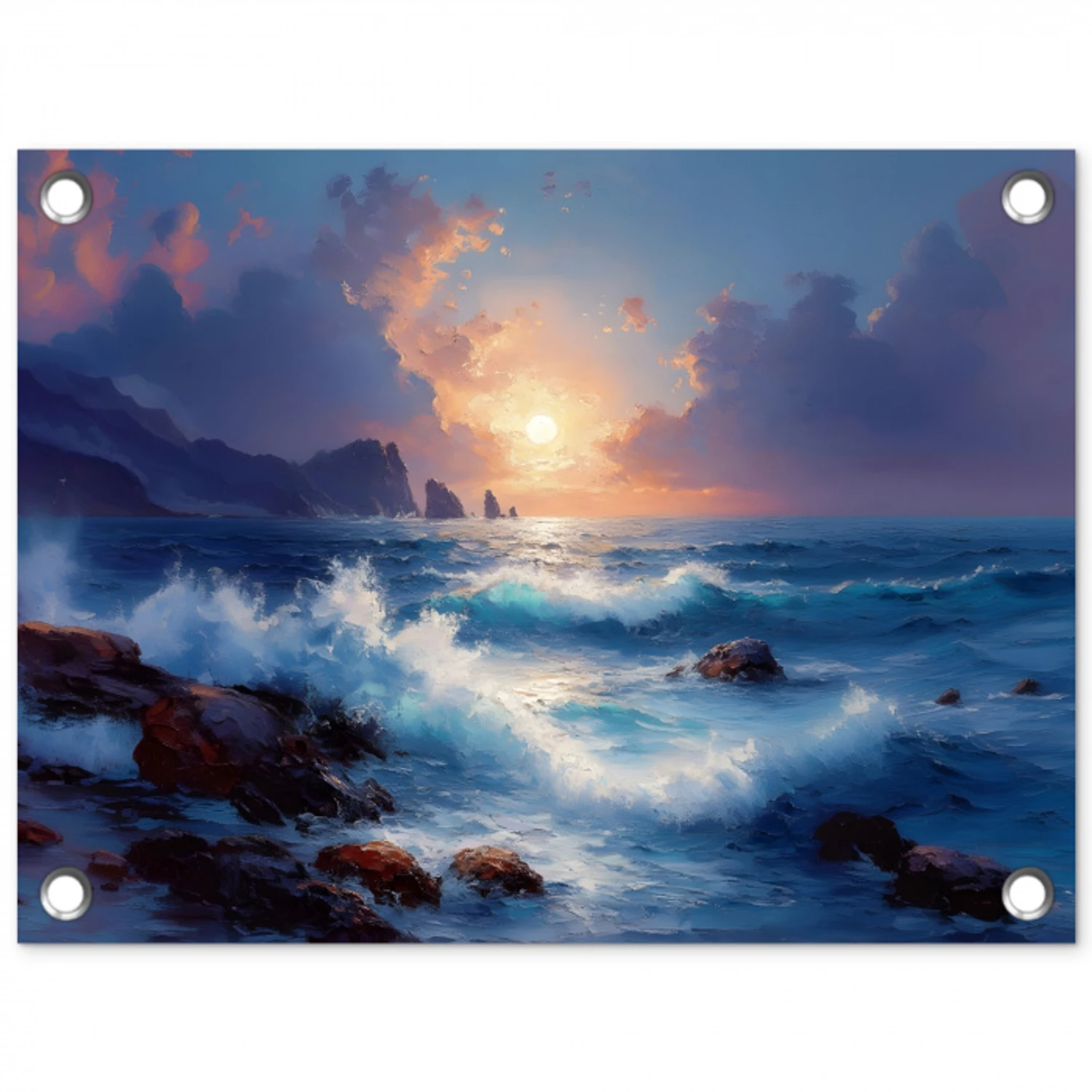 Golven - Zee - Kleurrijk - Rotsen tuinposter los doek klein -3d