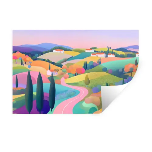 Landschap - Paars - Pastel - Huizen Muursticker klein -3d