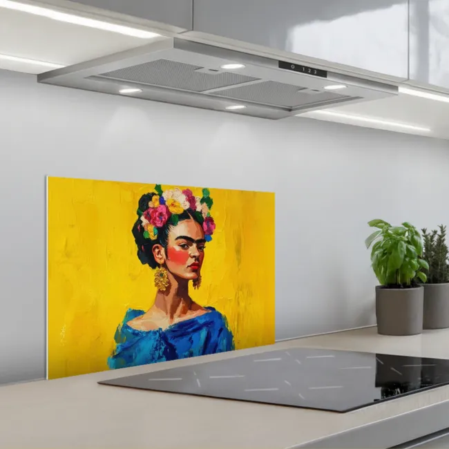 Frida Kahlo - Vrouw - Geel - Blauw - Bloemen keuken achterwand spatscherm klein -3d_schuin