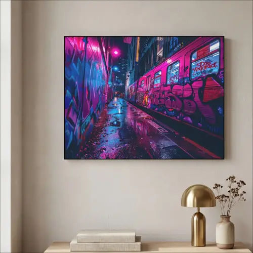 Stad - Neon -  Nacht - Roze - Graffiti Textielframe zwart klein -sfeer2