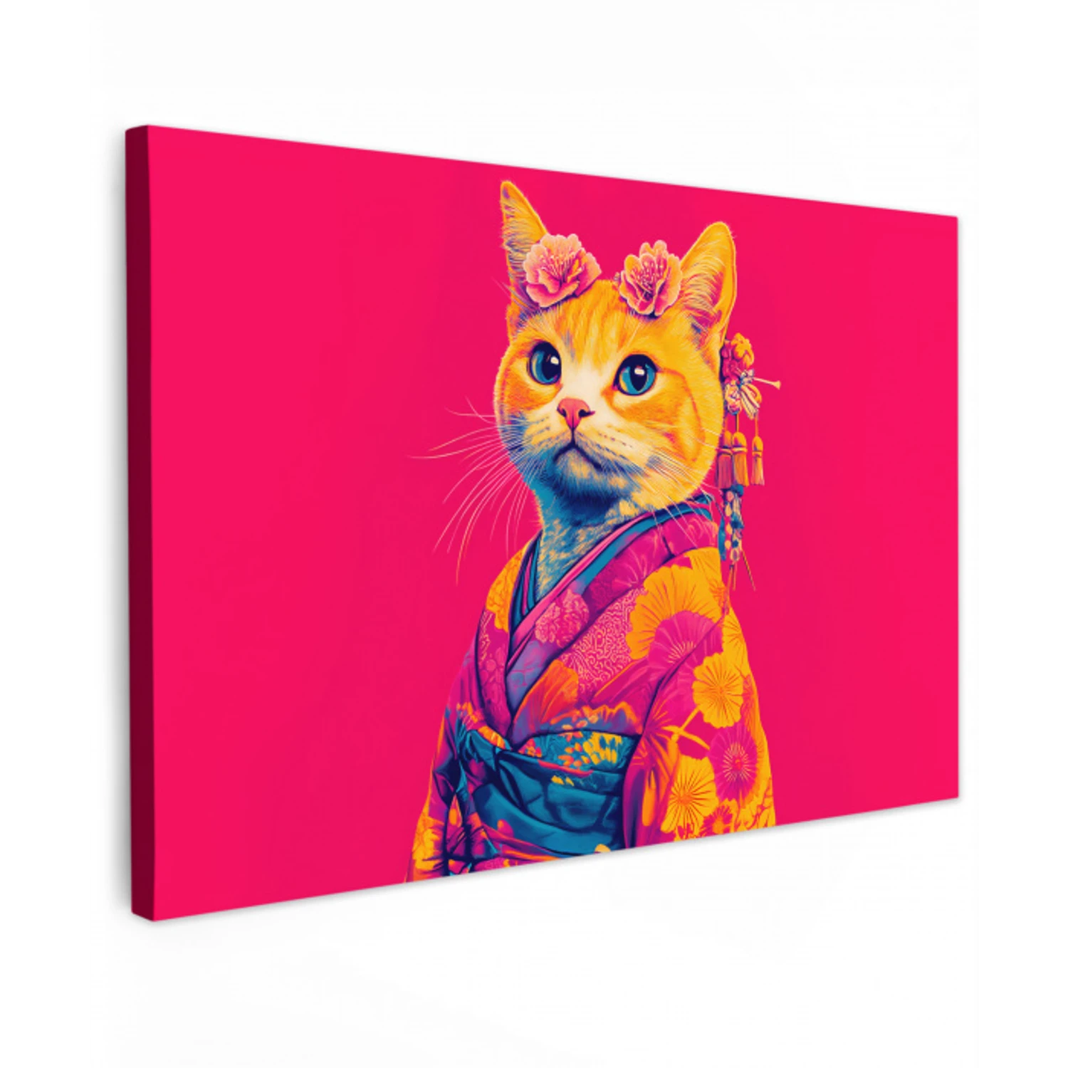 Kat - Kimono - Bloemen - Roze Tuinposter op houten frame 2 cm dik klein -3d