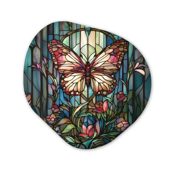 Vlinder - Roze - Bloemen - Bladeren Wandcirkel Organisch Plexiglas middel -3d