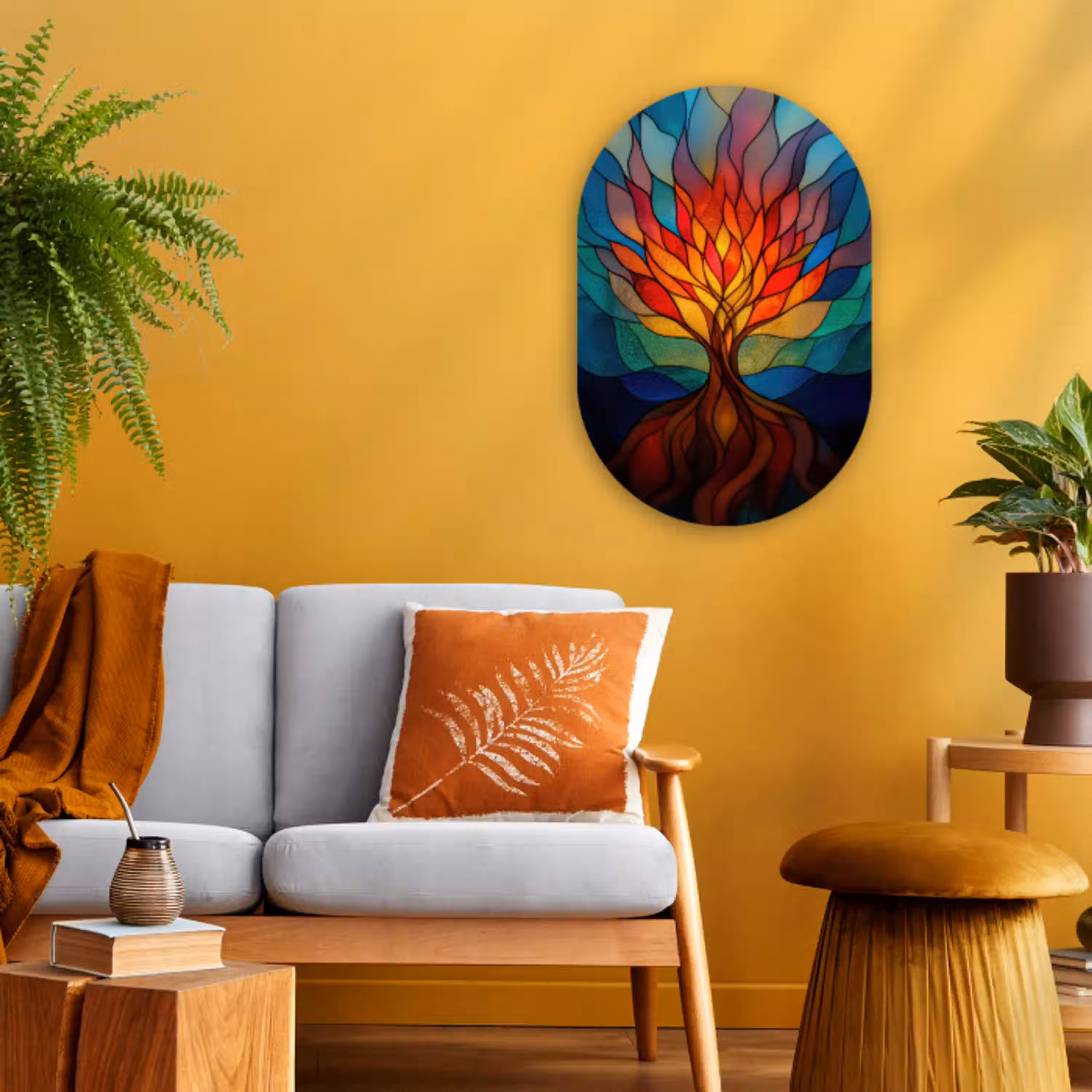 Sierglas - Boom - Rood - Vlakken Wandcirkel Ovaal Forex klein -sfeer4